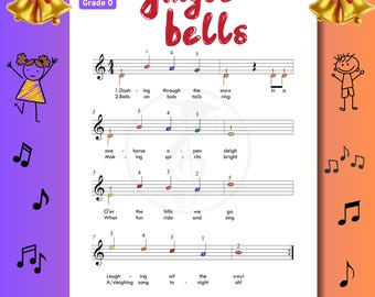 Jingle Bells - Grado 0 - Partitura fácil para piano para principiantes / Notas coloridas + Números de dedos / Recurso educativo para piano