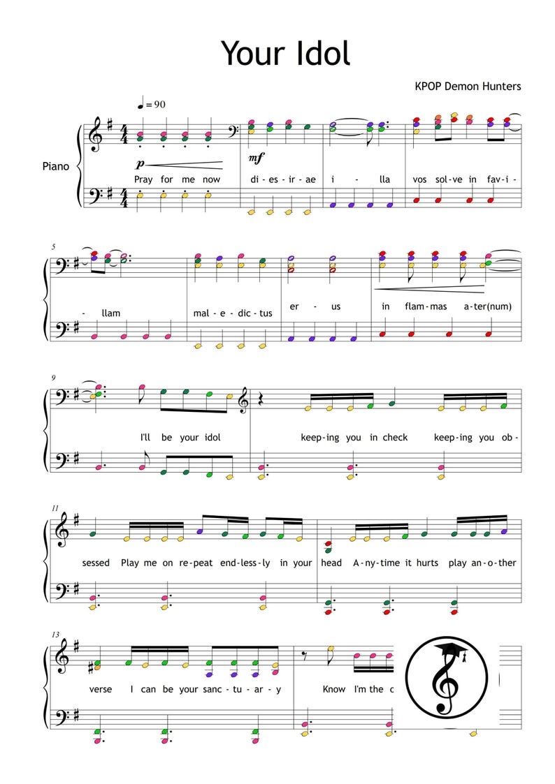 KPOP Demon Hunters Piano Collection by HUNTR-X downloadable and simplified piano sheet music PDF for Grade 2 learners. Includes easy piano versions of Soda Pop, Golden, Your Idol, Takedown, How It’s Done, What It Sounds Like, and Free. Printable PDF, color-coded notes, note-name editions, MP3 reference tracks, and tablet-friendly files. Perfect for students, teachers, and K-Pop fans seeking cinematic, fun, and professional easy piano sheet music downloads.