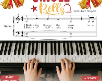 May include: A piano sheet music page for Jingle Bells by James Lord Pierpont featuring gold bells with red bows at the top. The staff shows notes and lyrics for Dashing through the snow and Bells on bob tails. Includes Grade 1 score, MP3, and video.