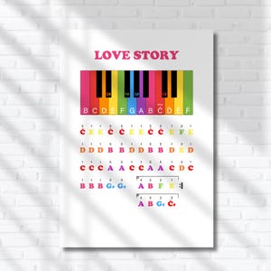 May include: A white poster with the text "LOVE STORY" in pink. The poster features a colorful piano keyboard graphic with musical notes and letters. The notes are in various colours, including red, orange, and green.