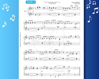 Clair de Lune Simplified Version Piano Sheet by Debussy - Grade 4  with Colors, Note Names & Beginner-Friendly Layout