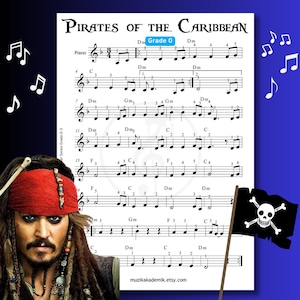 Pirates of the Caribbean Easy Piano Sheet Music - Grade 0 Beginner Level - Color Notes + Letter Names + MP3