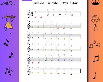 Twinkle Twinkle Little Star – Partitura de Piano Fácil para Iniciantes, Grau 0 | Notas Coloridas + Números dos Dedos | Recurso Educacional
