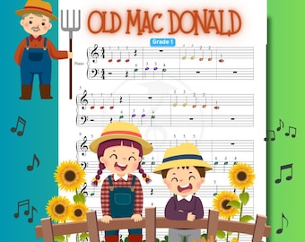 Old MacDonald Had a Farm - Grade 1 Simplified Easy Piano Sheet for Kids | Color Coded + Letter Notes + MP3 + Video - Nursery Rhymes McDonald
