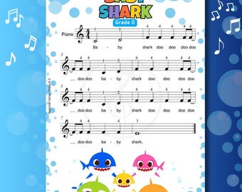 Baby Shark - Grau 0 para Iniciantes, Partitura simplificada para piano, muito fácil, com cores e notas por letras, MP3 e vídeo. Música divertida para crianças em idade pré-escolar.