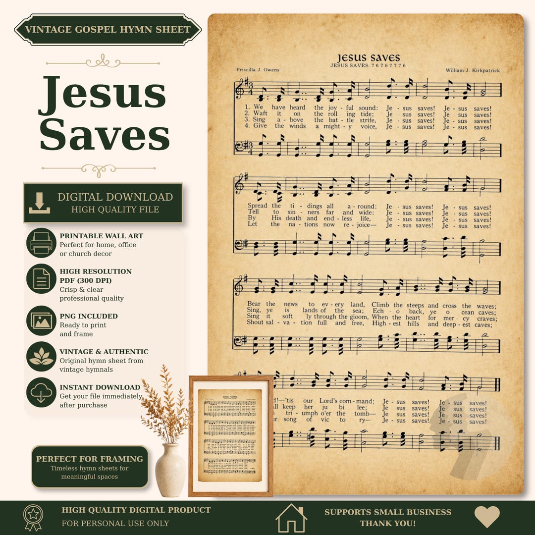 Jesus Saves Vintage Hymn Printable Wall Art Christian Gospel Sheet ...