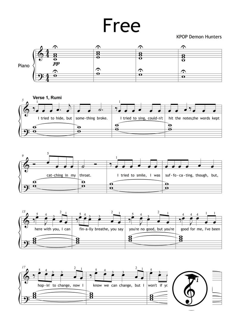 KPOP Demon Hunters Piano Collection by HUNTR-X downloadable and simplified piano sheet music PDF for Grade 2 learners. Includes easy piano versions of Soda Pop, Golden, Your Idol, Takedown, How It’s Done, What It Sounds Like, and Free. Printable PDF, color-coded notes, note-name editions, MP3 reference tracks, and tablet-friendly files. Perfect for students, teachers, and K-Pop fans seeking cinematic, fun, and professional easy piano sheet music downloads.
