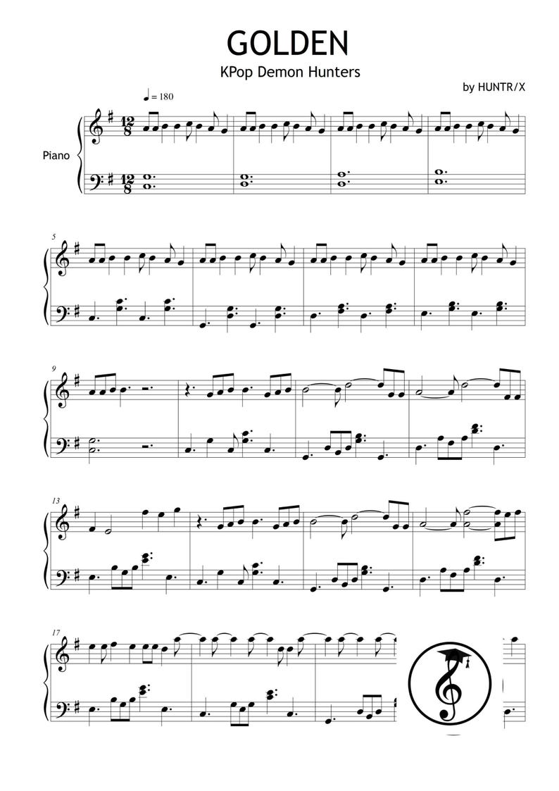 KPOP Demon Hunters Piano Collection by HUNTR-X downloadable and simplified piano sheet music PDF for Grade 2 learners. Includes easy piano versions of Soda Pop, Golden, Your Idol, Takedown, How It’s Done, What It Sounds Like, and Free. Printable PDF, color-coded notes, note-name editions, MP3 reference tracks, and tablet-friendly files. Perfect for students, teachers, and K-Pop fans seeking cinematic, fun, and professional easy piano sheet music downloads.