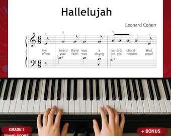 Hallelujah – Leonard Cohen – Grade 1 Beginner Christmas Piano Sheet Music with Lyrics | PDF Instant Download
