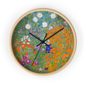 Klimt Wall Clock, Floral Garden Decor | Wood, Plexiglass | 10 Inch, Silent Mechanism, Indoor