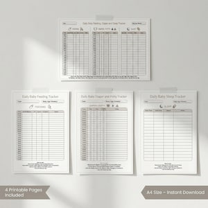 May include: A set of four white paper baby tracking charts featuring black text and grid lines. The sheets include a Daily Baby Feeding, Diaper and Sleep Tracker, a Daily Baby Feeding Tracker, a Daily Baby Diaper and Potty Tracker, and a Daily Baby Sleep Tracker.