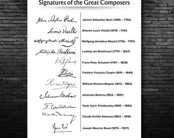 Signatures des grands compositeurs - oeuvres d'art murales imprimables, autographes de Bach, Mozart, Beethoven, Chopin, Wagner, Brahms, Tchaïkovski, Debussy