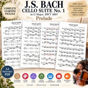 Pode incluir: Um pacote de aprendizagem completo para a Suíte para violoncelo nº 1 em Sol Maior, BWV 1007, Prelúdio de J.S. Bach. Inclui partituras PDF imprimíveis em A4 com notação padrão, notas coloridas, nomes, dedilhados, piano e áudio.