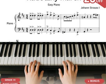 May include: A piano keyboard with sheet music for Radetzky March by Johann Strauss I displayed above. The score includes treble and bass clefs with musical notation. Text on the image includes Grade III, Piano Score, MP3, Video, and Bonus.