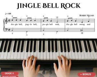 May include: A piano score for Jingle Bell Rock by Bobby Helms featuring musical notation, lyrics, and finger numbering. The sheet music is positioned above a piano keyboard. Red rectangular labels indicate Grade II, piano score, MP3, video, and bonus content.