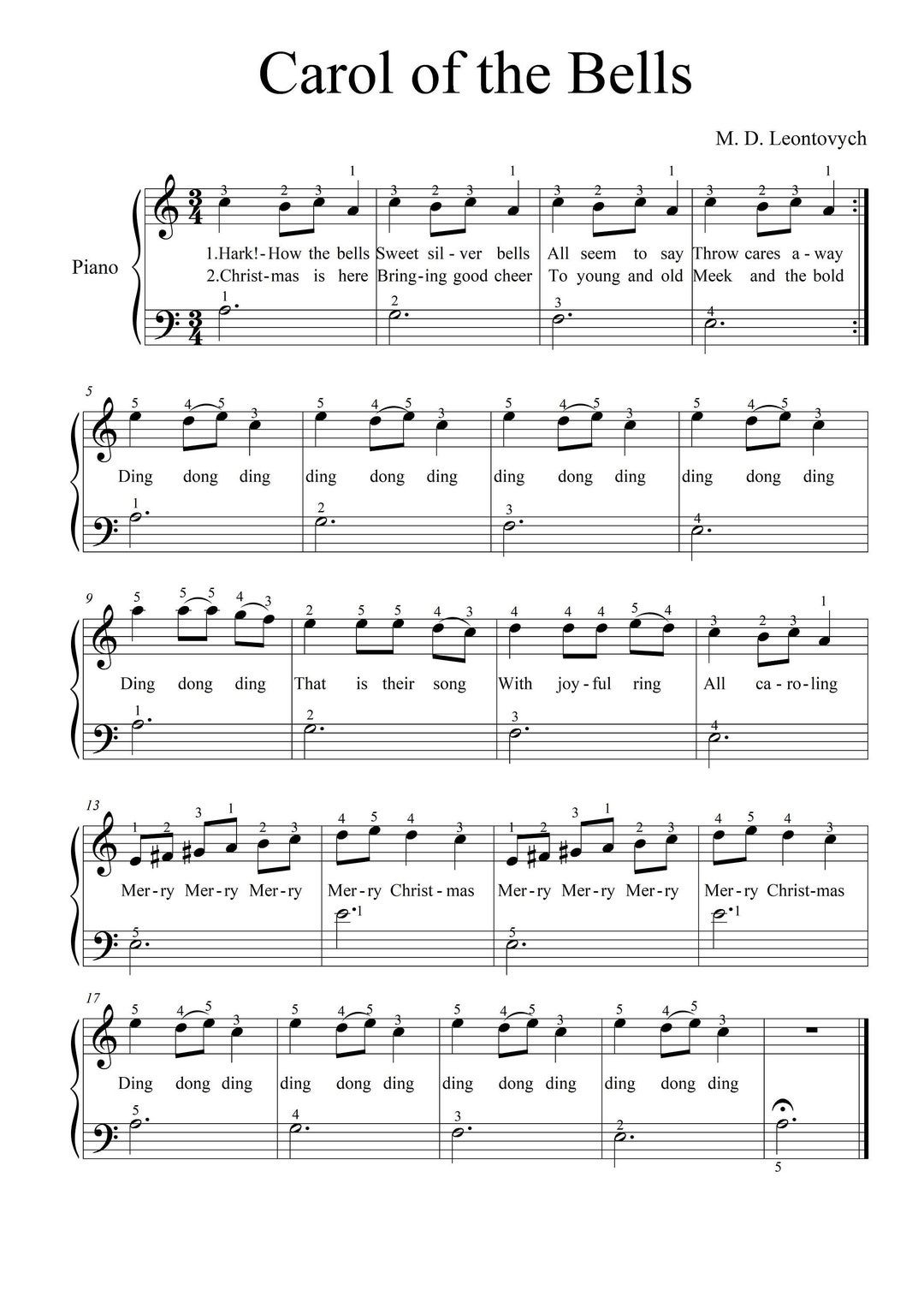 Carol of the Bells Very Easy Piano Sheets Digital Download - Etsy