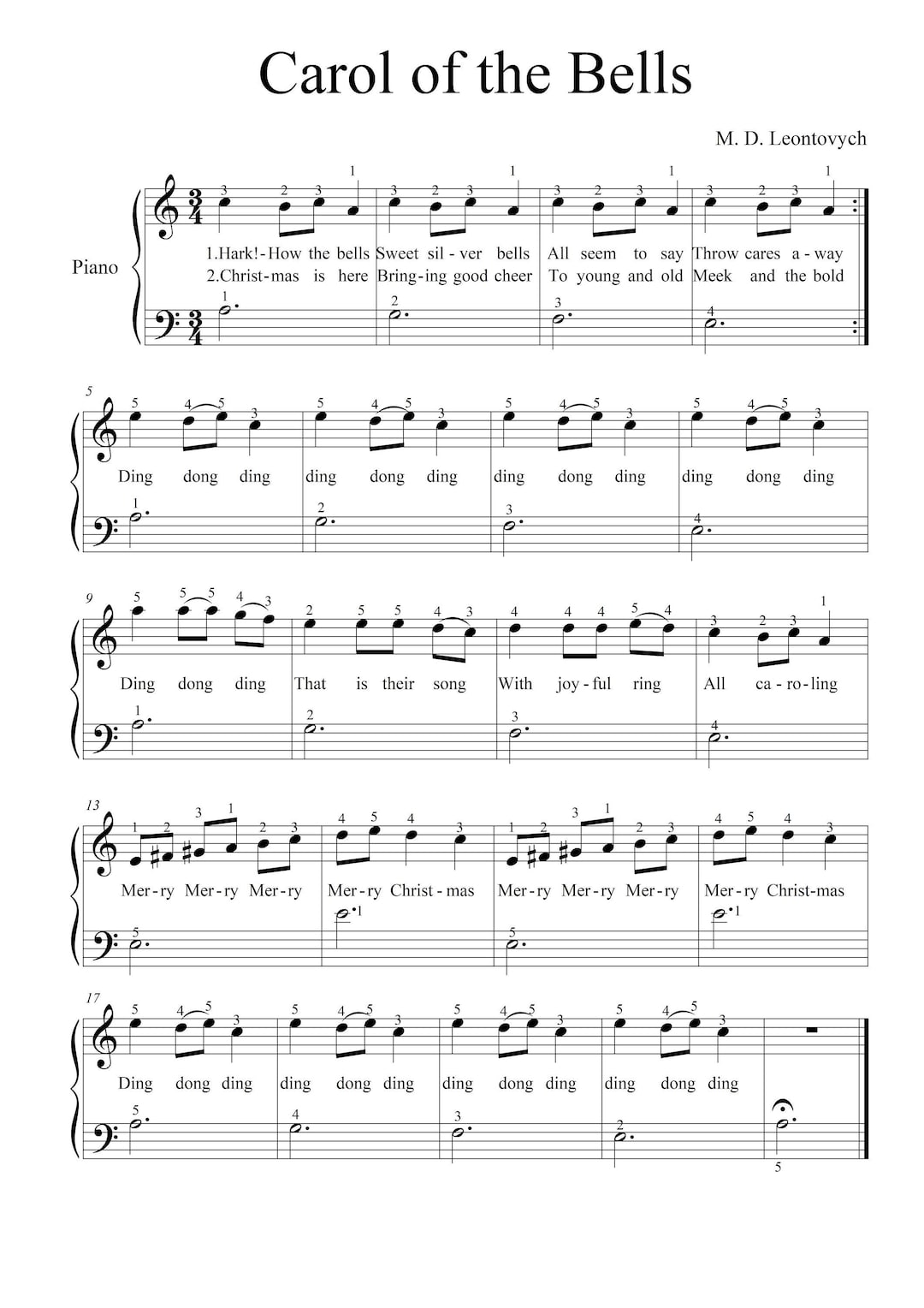 Carol of the Bells Very Easy Piano Sheets Digital Download - Etsy