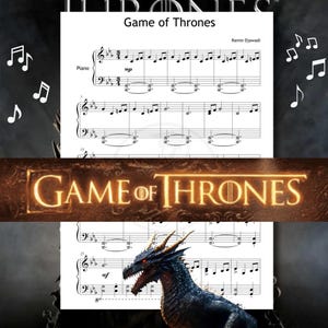 Op de afbeelding: Bladmuziek voor piano met de titel "Game of Thrones" en de componist Ramin Djawadi. De afbeelding bevat het logo van de serie en een drakenillustratie. Muzieknoten en symbolen zijn zichtbaar.