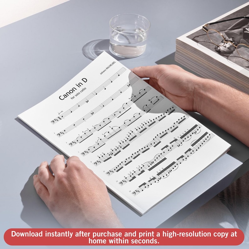Pachelbel’s Canon by Johann Pachelbel downloadable cello sheet music PDF displayed as a high-resolution solo violoncello part showing clear finger positions, bowing slurs, and articulation marks, with JPEG, MP3, and MP4 versions available for study.