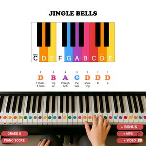 Może przedstawiać: Klawiatura fortepianu z kolorowymi naklejkami i napisem "Jingle Bells" u góry. Klawisze są oznaczone literami i cyframi, a na klawiaturze widoczne są dłonie osoby. Obraz zawiera również słowa "Grade 0 Piano Score".