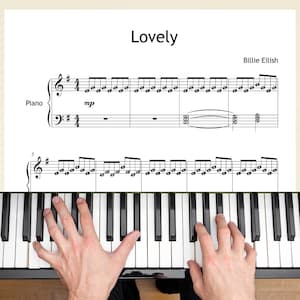 Lovely by Billie Eilish and Khalid – Simplified Piano Sheet Music PDF – Grade 3–4 – Colored Notes, Note Names, MP3 & Video