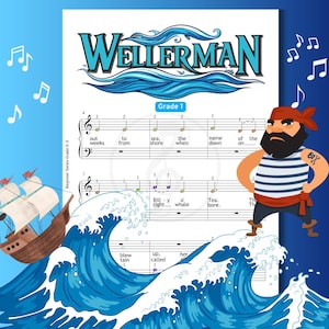 Wellerman - Grade 1 Simplified Easy Piano Sheet for Beginners, Sea Shanty PDF + Letter Note, MP3, Color-Coded Kids Edition, Pop piano music