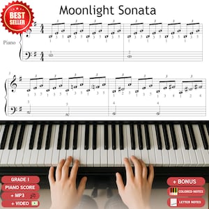 Moonlight Sonata by Beethoven - Grade 1 - Short &  Simplified Easy Piano Sheets - Digital Download - with finger numbers - BEST SELLER
