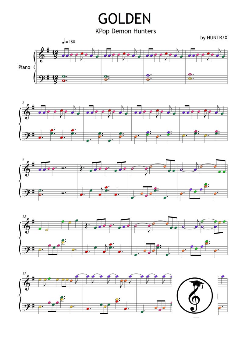 KPOP Demon Hunters Piano Collection by HUNTR-X downloadable and simplified piano sheet music PDF for Grade 2 learners. Includes easy piano versions of Soda Pop, Golden, Your Idol, Takedown, How It’s Done, What It Sounds Like, and Free. Printable PDF, color-coded notes, note-name editions, MP3 reference tracks, and tablet-friendly files. Perfect for students, teachers, and K-Pop fans seeking cinematic, fun, and professional easy piano sheet music downloads.