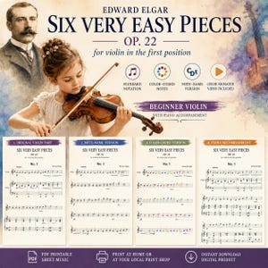 Może przedstawiać: Cyfrowa kolekcja nut zatytułowana Edward Elgar Six Very Easy Pieces Op. 22 na skrzypce w pierwszej pozycji. Zawiera cztery wersje: oryginalną, z nazwami nut, kodowaną kolorami oraz akompaniament fortepianowy z ilustracjami skrzypiec.