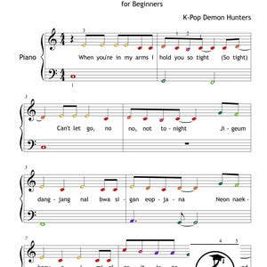 KPOP Demon Hunters Piano Collection by HUNTR-X downloadable and simplified piano sheet music PDF for Grade 2 learners. Includes easy piano versions of Soda Pop, Golden, Your Idol, Takedown, How It’s Done, What It Sounds Like, and Free. Printable PDF, color-coded notes, note-name editions, MP3 reference tracks, and tablet-friendly files. Perfect for students, teachers, and K-Pop fans seeking cinematic, fun, and professional easy piano sheet music downloads.