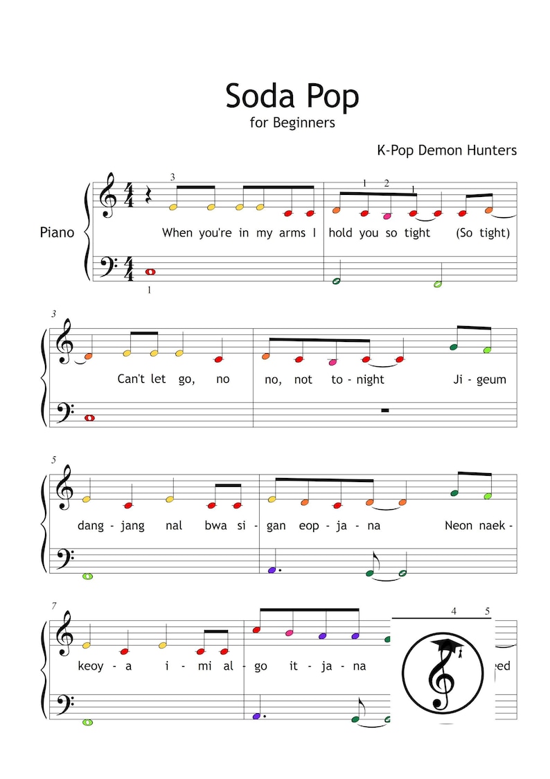 KPOP Demon Hunters Piano Collection by HUNTR-X downloadable and simplified piano sheet music PDF for Grade 2 learners. Includes easy piano versions of Soda Pop, Golden, Your Idol, Takedown, How It’s Done, What It Sounds Like, and Free. Printable PDF, color-coded notes, note-name editions, MP3 reference tracks, and tablet-friendly files. Perfect for students, teachers, and K-Pop fans seeking cinematic, fun, and professional easy piano sheet music downloads.