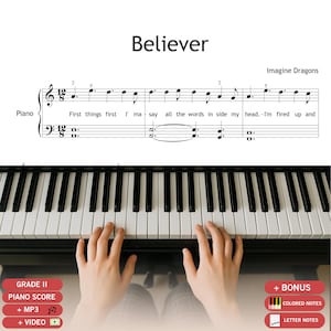Believer – Imagine Dragons - Easy Piano Sheet Music PDF (Grade 2) | Color Notes, Lyrics, Note Names, MP3 & Tutorial Video