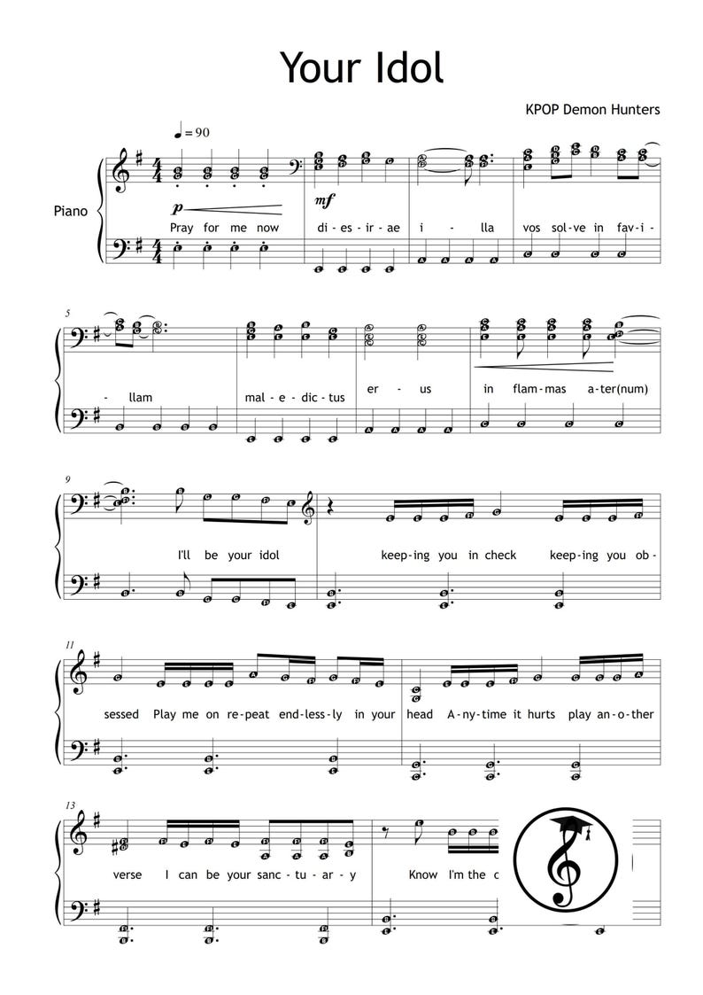 KPOP Demon Hunters Piano Collection by HUNTR-X downloadable and simplified piano sheet music PDF for Grade 2 learners. Includes easy piano versions of Soda Pop, Golden, Your Idol, Takedown, How It’s Done, What It Sounds Like, and Free. Printable PDF, color-coded notes, note-name editions, MP3 reference tracks, and tablet-friendly files. Perfect for students, teachers, and K-Pop fans seeking cinematic, fun, and professional easy piano sheet music downloads.