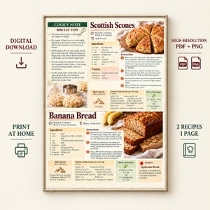Può includere: Una stampa di ricette digitale con istruzioni per scones scozzesi e pane alla banana. Il layout include liste degli ingredienti, istruzioni passo dopo passo, informazioni nutrizionali e immagini dei prodotti da forno finiti.