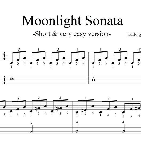 Moonlight Sonata - Beethoven - Short & Very Easy Piano Sheets - Digital Download - with finger numbers - for beginner