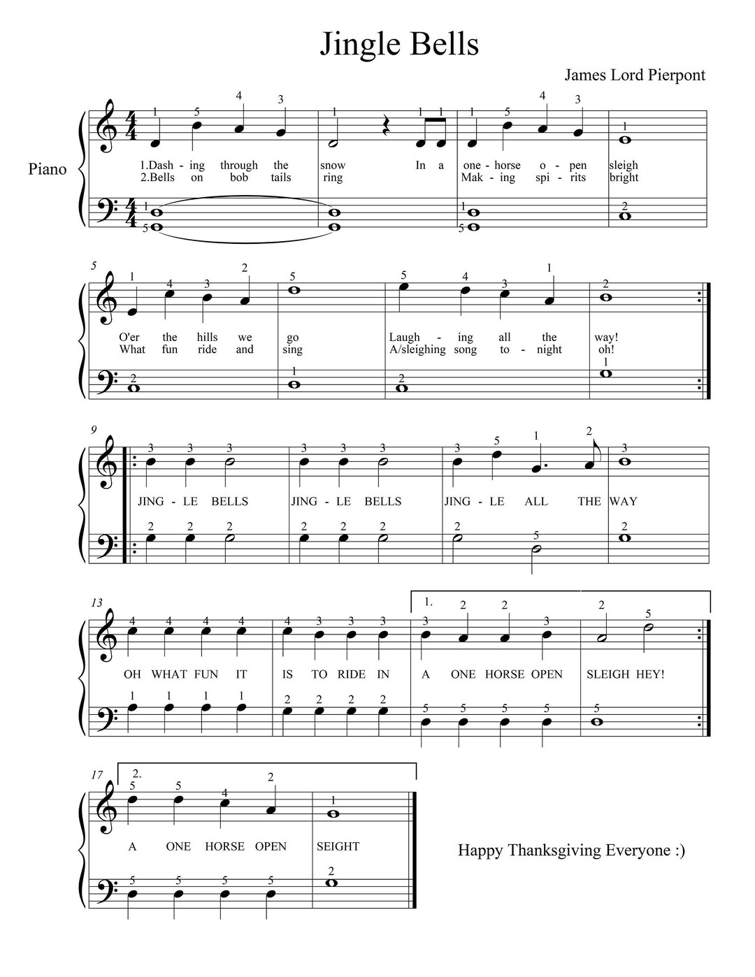 Jingle Bells Very Easy Piano Sheets Digital Download With Lyrics and