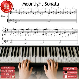 Moonlight Sonata by Beethoven - Grade 1 - Short &  Simplified Easy Piano Sheets - Digital Download - with finger numbers - BEST SELLER