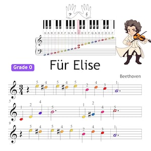 Für Elise - Grade 0 Simplified Beginner Piano Sheet | Easy Beethoven Music PDF | Color Notes + Finger Numbers + MP3 + MP4 Video For Elise