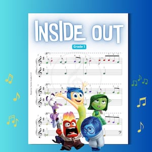 Puede incluir: Partitura musical para la canción "Del Revés" de la película de Disney Pixar del mismo nombre. La partitura es para pianistas principiantes y presenta a los personajes Alegría, Tristeza, Furia, Miedo y Asco.