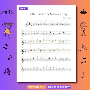 Na Gruta do Rei da Montanha - Grau 0 - Partitura Fácil para Piano para Iniciantes, Notas e Dedos Coloridos, Partitura de Páscoa para Piano para Crianças