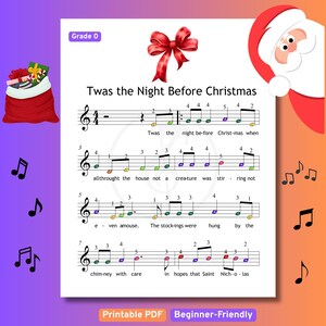 Twas the Night Before Christmas – Grade 0 Simplified Very Easy Piano Sheet | Color Notes Christmas Music