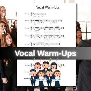 Op de afbeelding: Een wit blad met de titel Vocal Warm-Ups met muzieknotatie voor oefeningen genummerd van 1 tot 10. De pagina bevat notenbalken, noten en teksten zoals MOM, UOA, AEI en YA. Onderaan staat een kleurrijke illustratie van een kinderkoor.