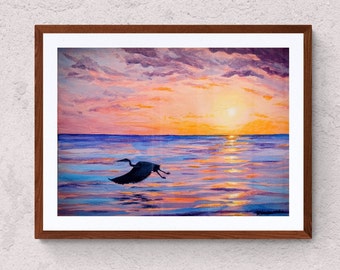 Great Blue Heron Sunset original art print