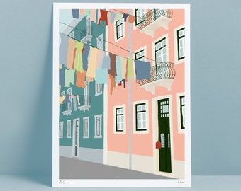 Lisbonne, quartier de Marvila, Portugal, architecture vintage, impressions de voyage, art du voyage, affiche de voyage, vieille lisbonne, bâtiment rose et vert