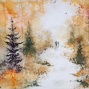 Original Watercolor Landscape Painting, titled Autumn&#39;s Walk. Orange and Green Home Decor, Wall Art, signed by Artist. Unique and Ideal Gift