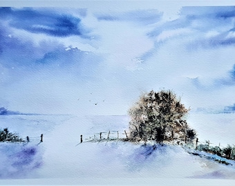 May include: A watercolor painting of a winter landscape with a single tree in the foreground. The sky is a light blue with wispy clouds. The ground is covered in snow and there is a fence in the distance.