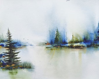 Peinture de paysage bleue et verte minimaliste, originale, aquarelle. Art mural décoratif pour la maison, conifères uniques et titrés, signé par l'artiste.