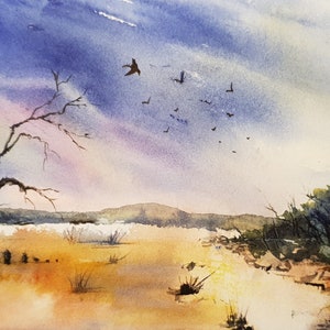 Original Aquarell Landschaft Gemälde Dead Tree vom Künstler signiert. Blau und Grün Home Decor Wandkunst. Einzigartiges Housewarming-Geschenk.