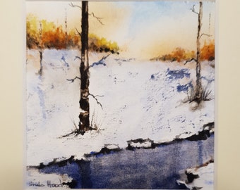 Original Watercolour Landscape Painting, Small and titled Winter River 3. Blue and Brown Wall Art, Home Decor inc. Mount and Backing Board.