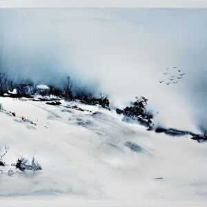 May include: A watercolor painting of a snowy landscape with a few trees and a flock of birds flying overhead. The sky is a light blue and the snow is white. The painting is done in a minimalist style.